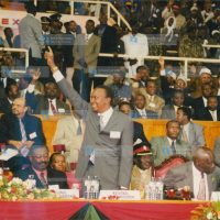 President Daniel Moi formally handed over the Kanu presidential torch to Local Government Minister Uhuru Kenyatta