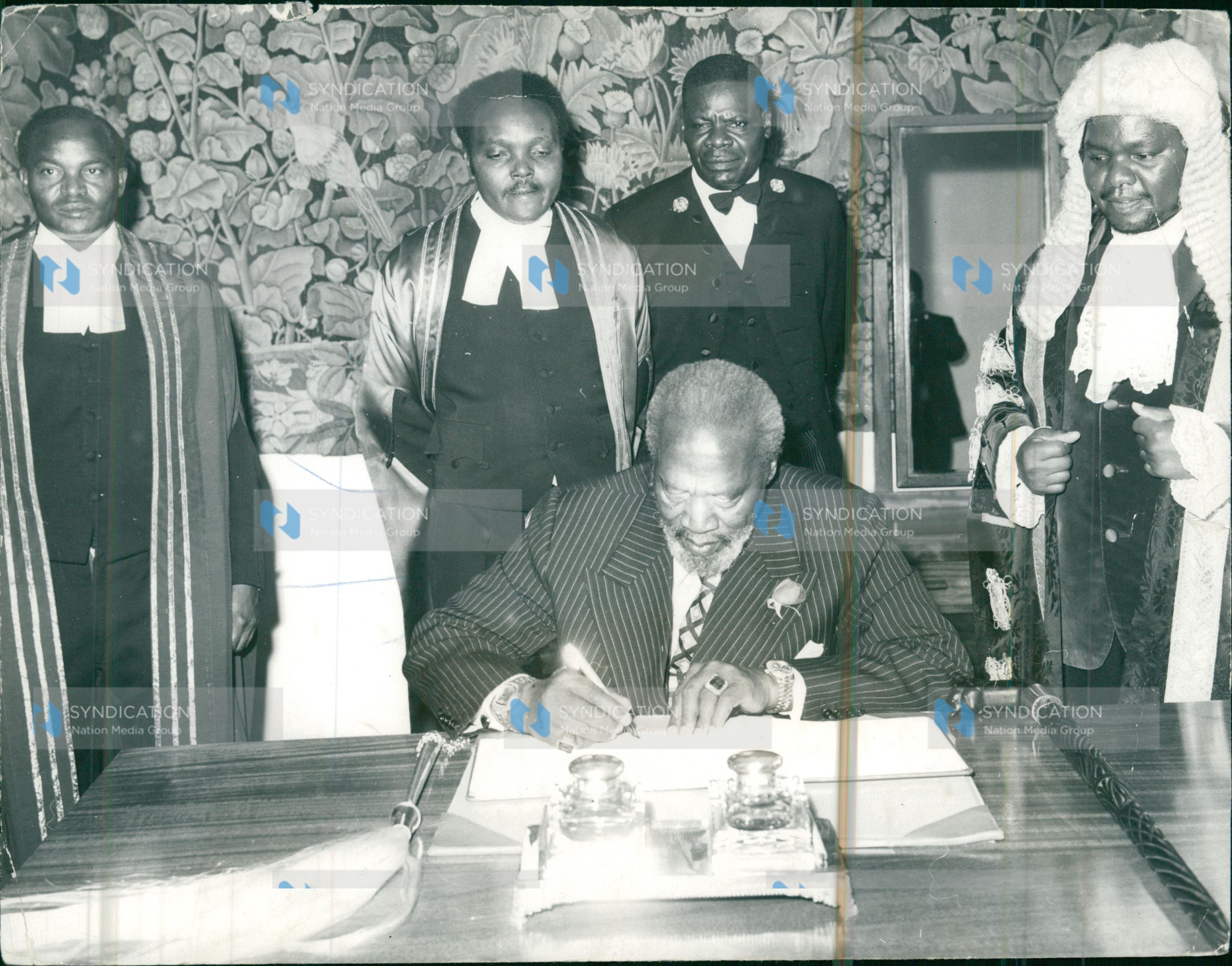 President Mzee Jomo Kenyatta signs a proclamation proroguing Parliament to allow time for the little General election