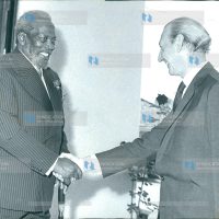 United Nations Secretary-General Mr. Kurt Waldheim (Right) pays President Mzee Jomo Kenyatta tribute for his inspiring leadership