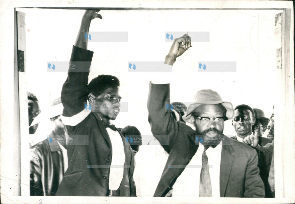 Kenya People’s Union (KPU) Deputy Leader Bildad Mwaganu Kaggia (right) is sentenced to 12 months imprisonment.