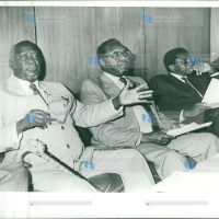 Jaramogi Oginga Odinga (left) resigns as Vice-President at a news conference in Nairobi