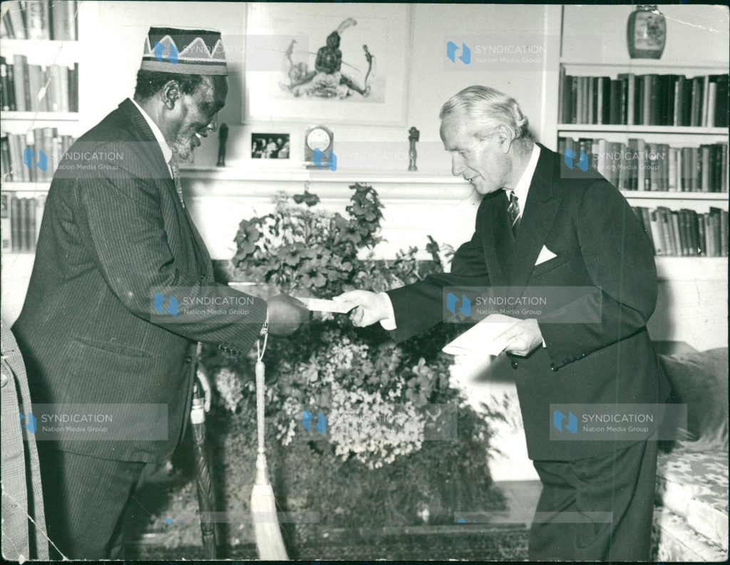 British High Commissioner to Kenya, Mr. Malcom MacDonald (right) presenting his credentials president Jomo Kenyatta at State House. 