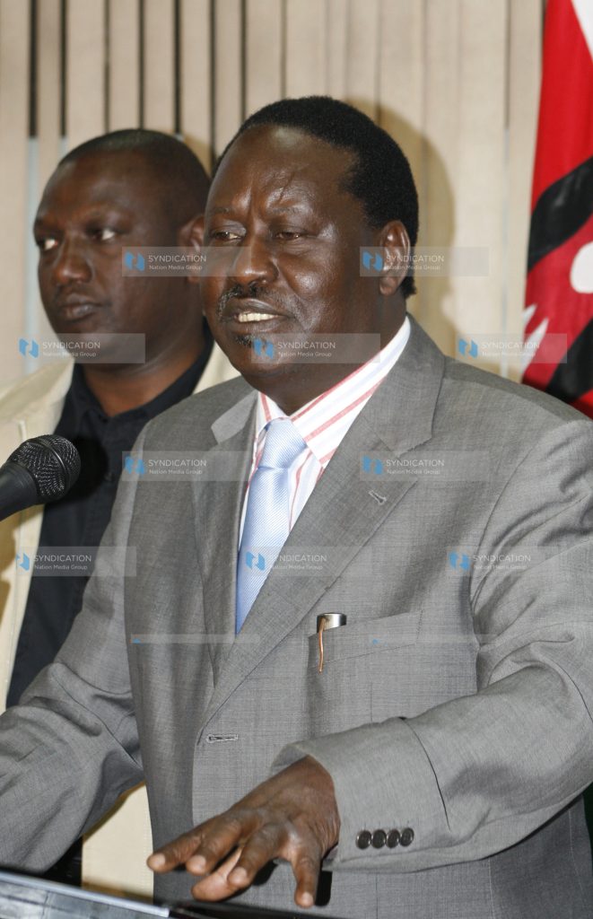 Prime Minister Raila Odinga and Agriculture Minister William Ruto address journalists