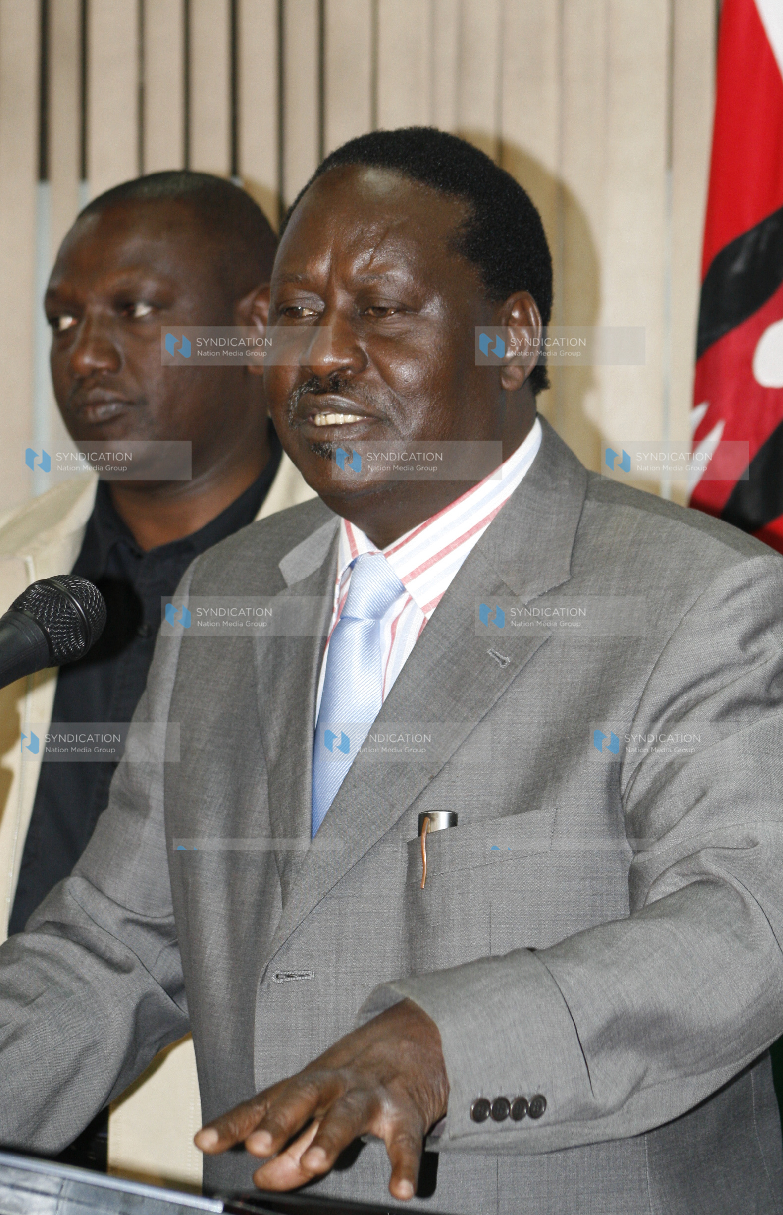 Prime Minister Raila Odinga and Agriculture Minister William Ruto address journalists