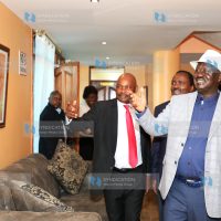 US-based law scholar Prof. Makau Mutua shows Opposition leader Raila Odinga and Wiper leader Kalonzo Musyoka one of the portraits