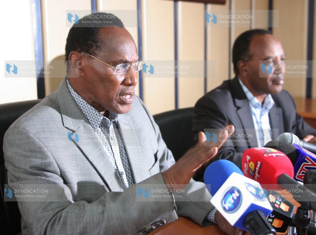 Minister for Internal Security prof George Saitoti addresses a press conference
