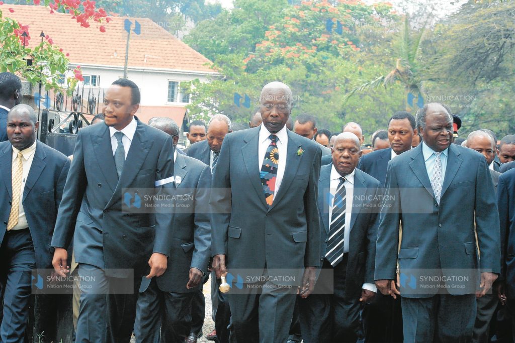 President Mwai Kibaki, former President Daniel Arap Moi and Uhuru Kenyatta