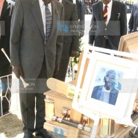 Former President Daniel Arap Moi accompanied by his son Gideon Moi view the body of the late Mzee Joshua Kiprono Cheserem