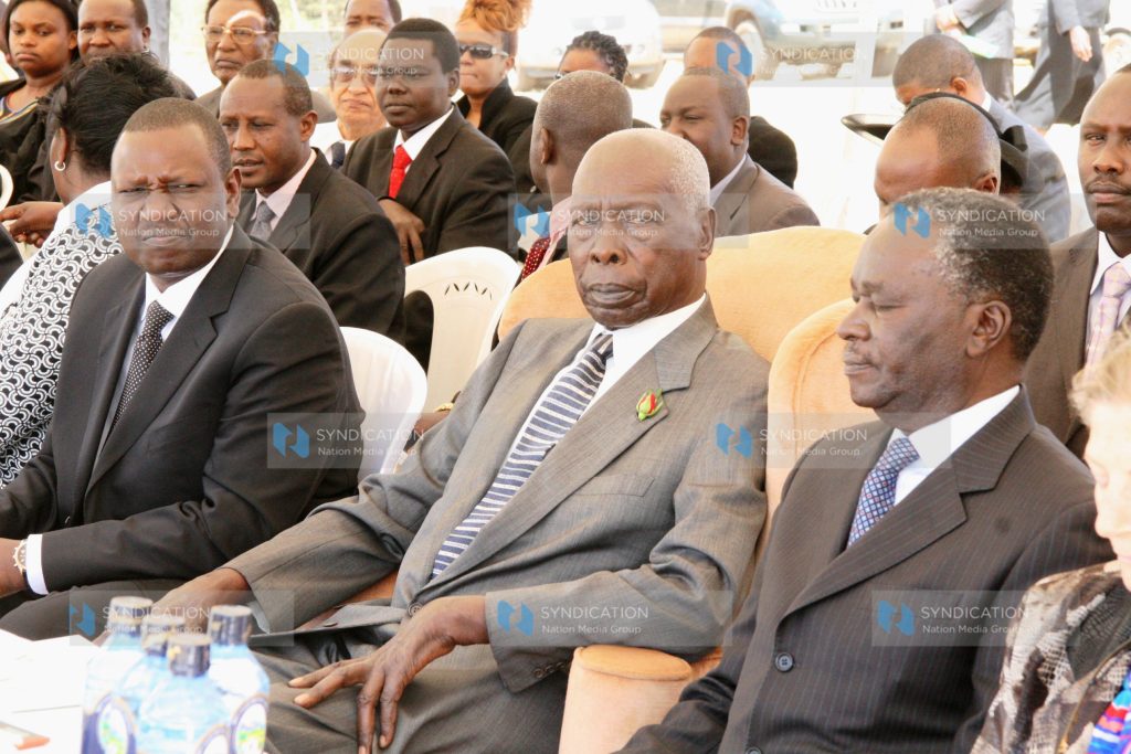 Former President Daniel Arap Moi Agriculture Minister William Ruto and former Keiyo South MP Nicholas Biwott