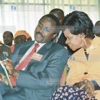 ODM-Kenya presidential candidate Kalonzo Musyoka shares a word with his running mate Dr Julia Ojiambo