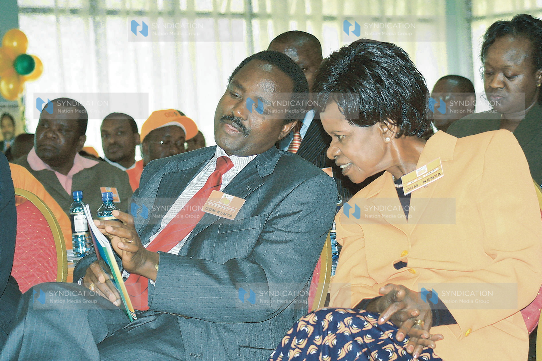 ODM-Kenya presidential candidate Kalonzo Musyoka shares a word with his running mate Dr Julia Ojiambo