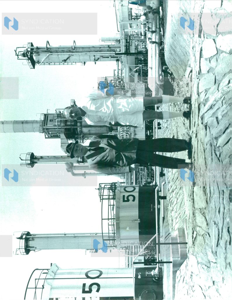 The Chairman for the British Petroleum Company, Ltd. Sir Maurice Bridgeman is pictured with the General Manager of the E. A. Oil refineries, Mr. A. Booth