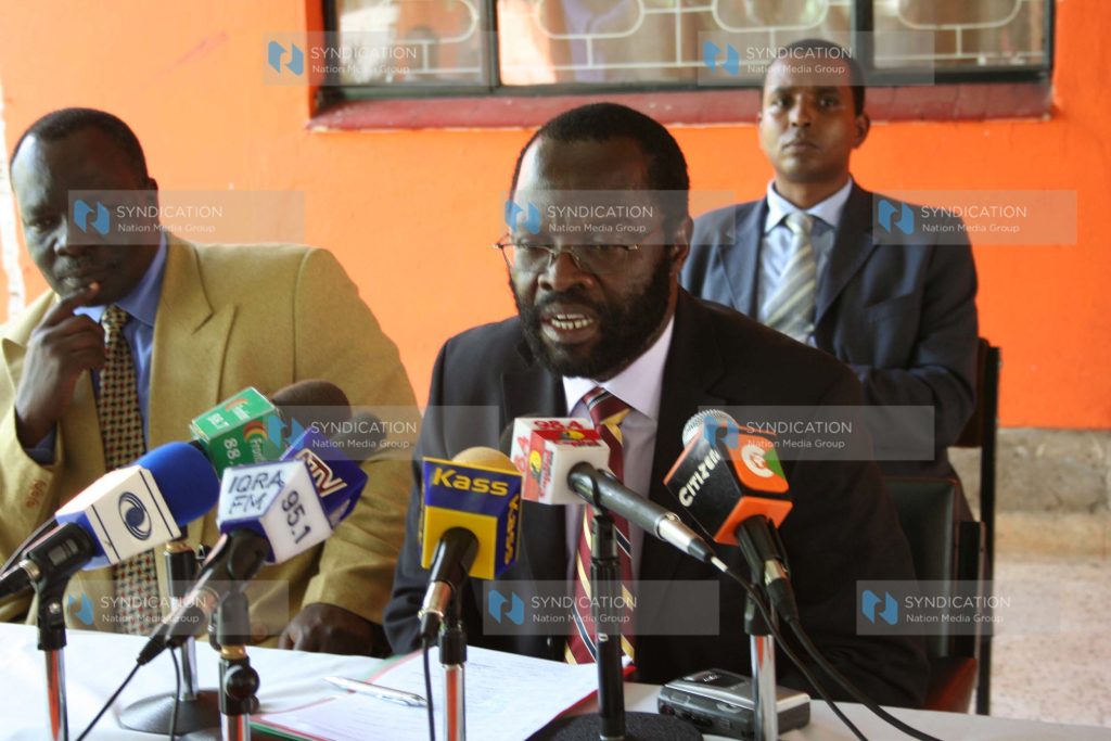 ODM secretary general Prof Anyang Nyong'o addresses a press conference at Orange House