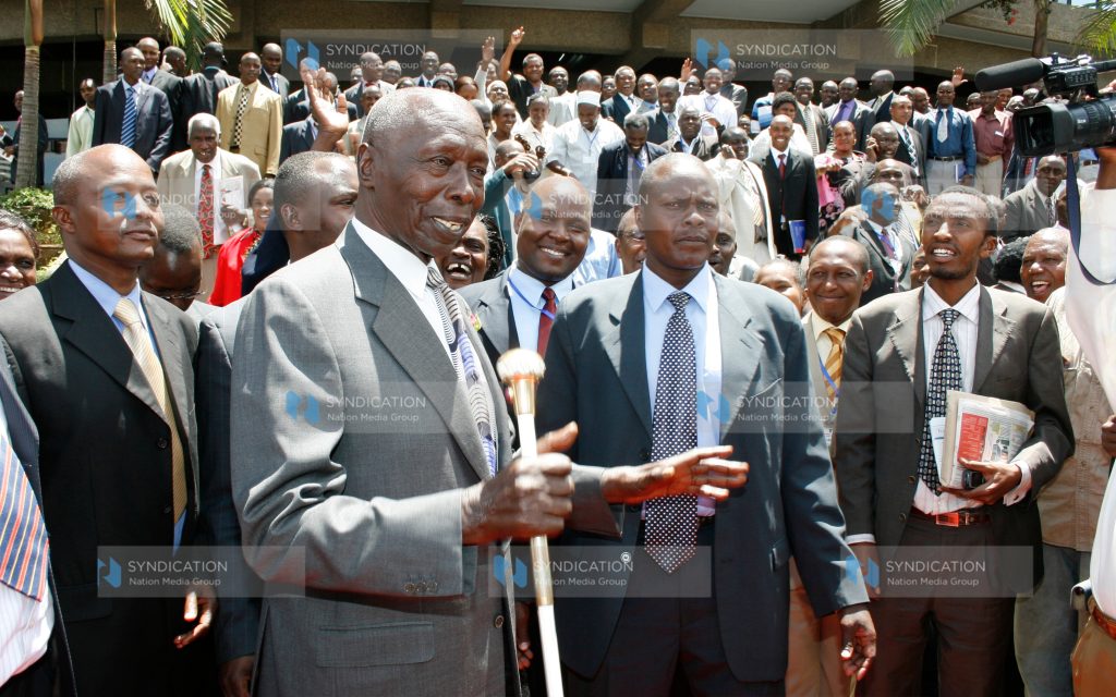 Retired President Daniel Arap Moi talks to journalists