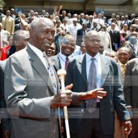 Retired President Daniel Arap Moi talks to journalists