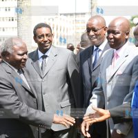 President Mwai Kibaki is welcomed at parliament buildings by Chief whips Jakoyo Midiwo, George Thuo and deputy speaker Farah Maalim