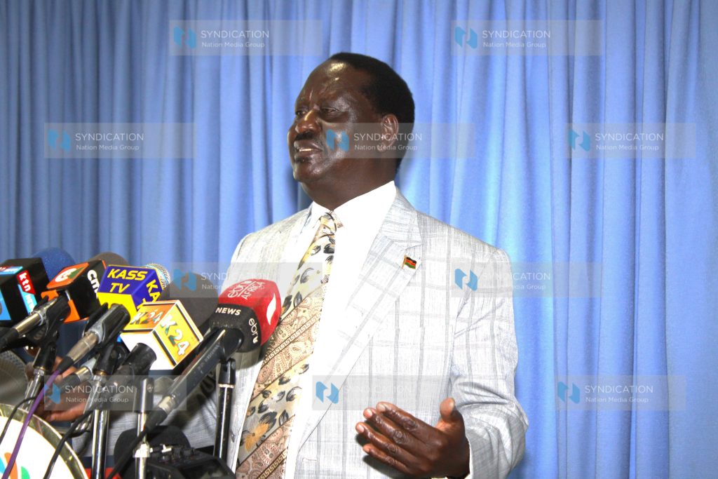 ODM leader Raila Odinga addresses journalists