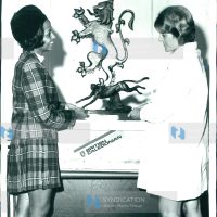 Mrs. Julia Glen, the sculptor’s wife, and Mrs. Hazel Seal of British Caledonian Airways