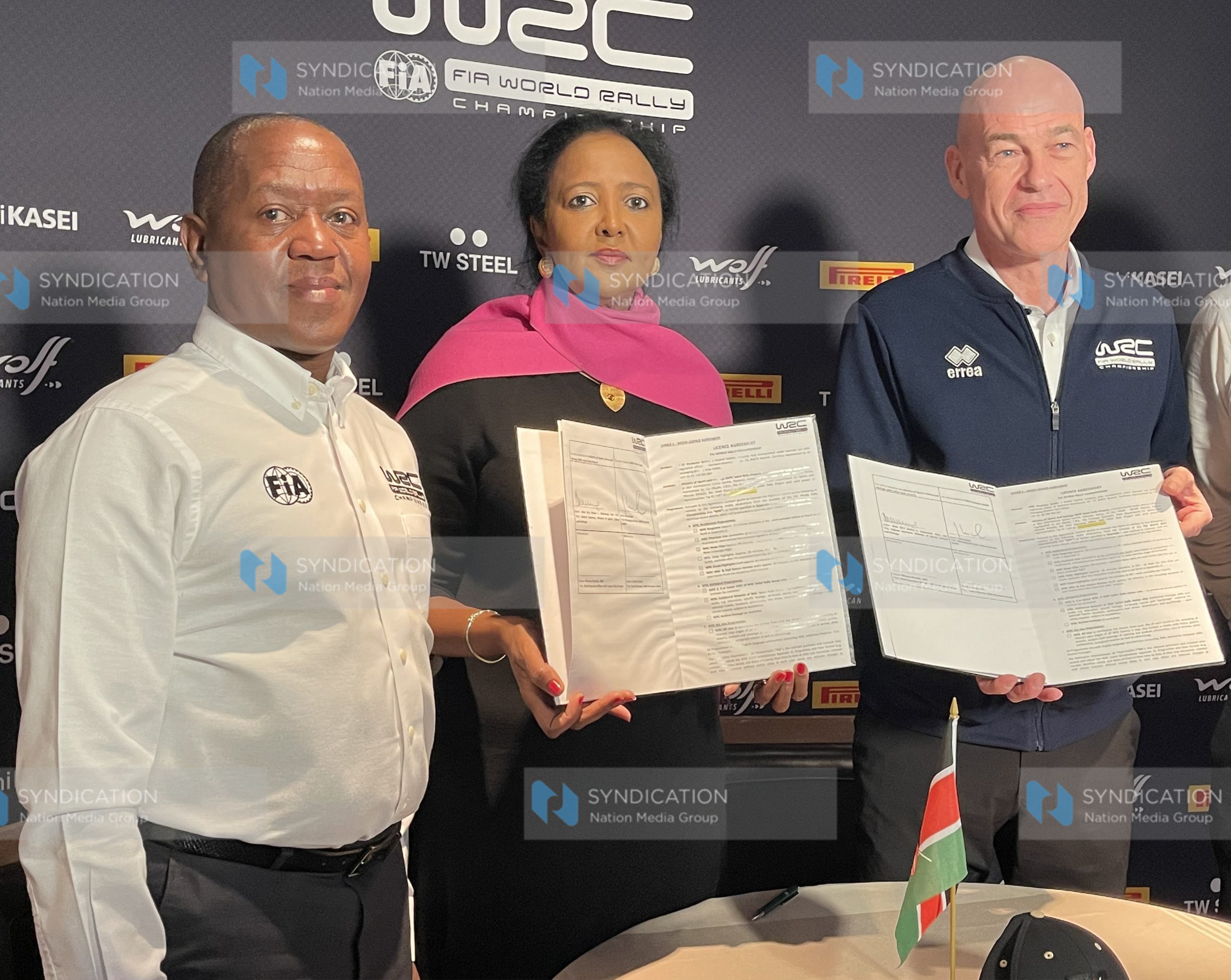 Sports Cabinet Secretary Amina Mohamed with WRC Promoter GmbH Managing Director Joan Siebel and WRC Safari Rally Chief Executive Officer Phineas Kimathi