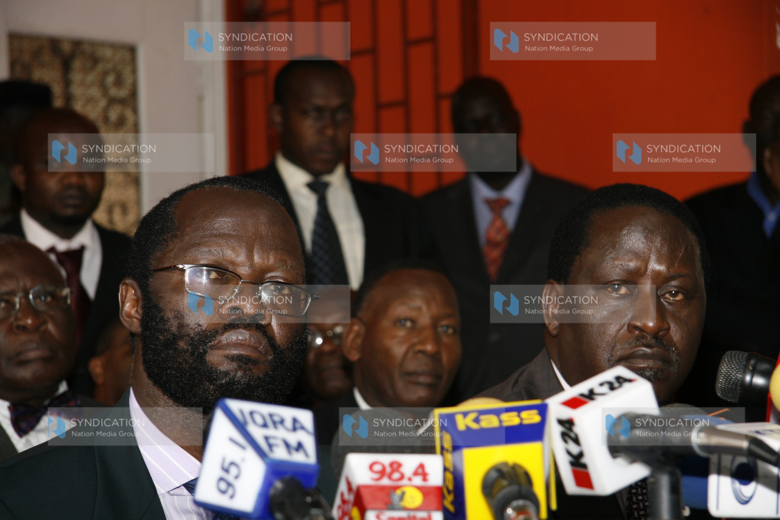 ODM Secretary General Anyang’ Nyong’o, and Prime Minister Raila Odinga address the press at Orange House