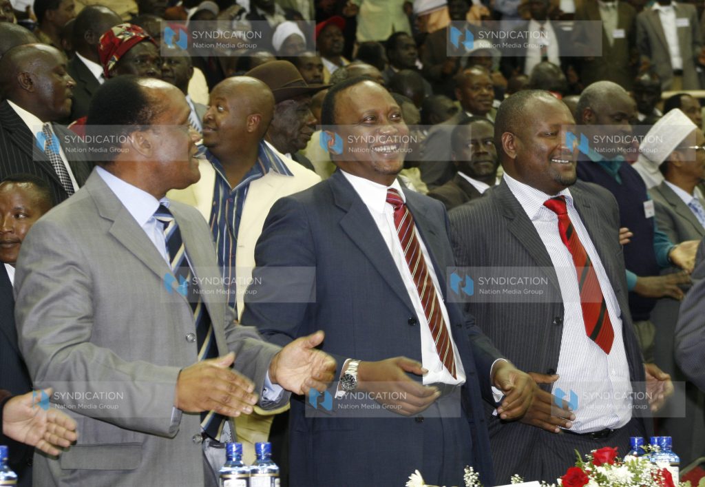 KANU National Chairman Uhuru Kenyatta, Vice Chairman Marsden Madoka, and Secretary General Nick Salat