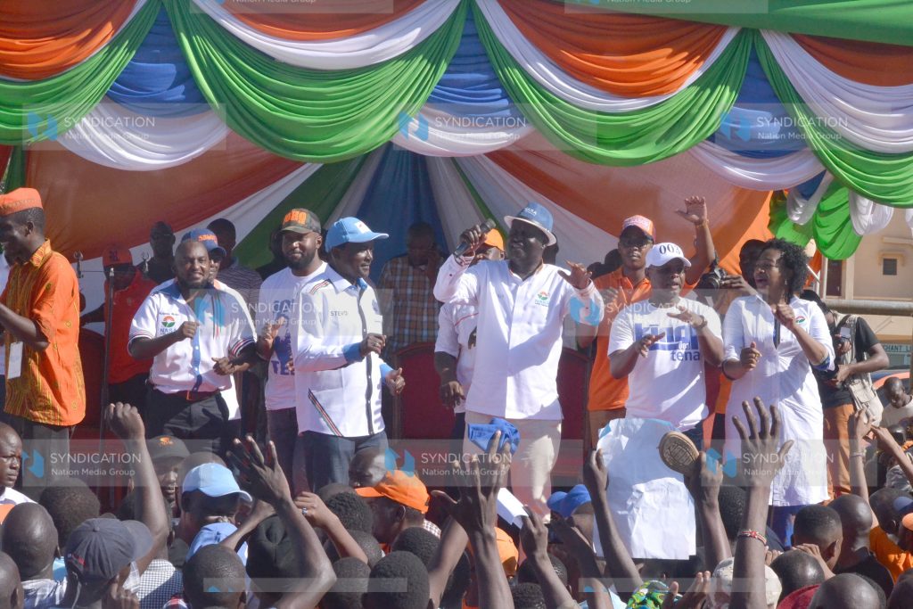 Kalonzo Musyoka and Raila Odinga, NASA leaders, with Hassan Joho, Mombasa Governor, his Kilifi counterpart Amason Kingi