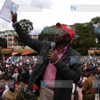 Higher Education Minister William Ruto addresses a crowd at Runyenjes town