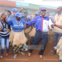 Kithinji Kiragu, Embu gubernatorial aspirant, joins traditional dancers at Kithimu Market