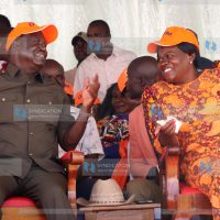 ODM leader Raila Odinga converse with Homa Bay Governor Gladys Wanga