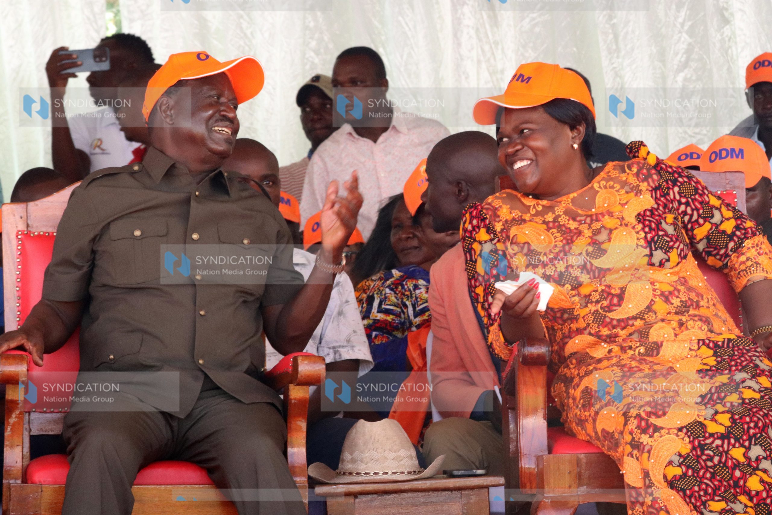 ODM leader Raila Odinga converse with Homa Bay Governor Gladys Wanga