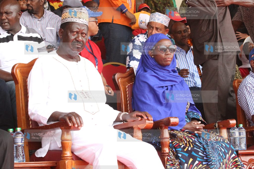 Raila Odinga, accompanied by his running mate Martha Karua, during a rally in Mandera Town