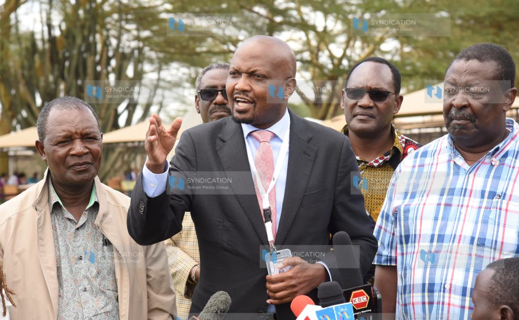 Public Service CS Moses Kuria during a presser at Lake Naivasha Resort