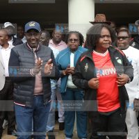 President William Ruto converses with ODM national chairperson Gladys Wanga