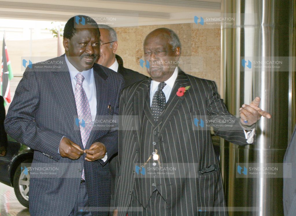 Prime Minister Raila Odinga is welcomed to the Sankara Hotel in Westlands by Chairman Charles Njonjo