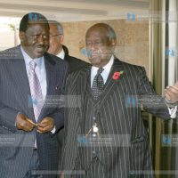 Prime Minister Raila Odinga is welcomed to the Sankara Hotel in Westlands by Chairman Charles Njonjo