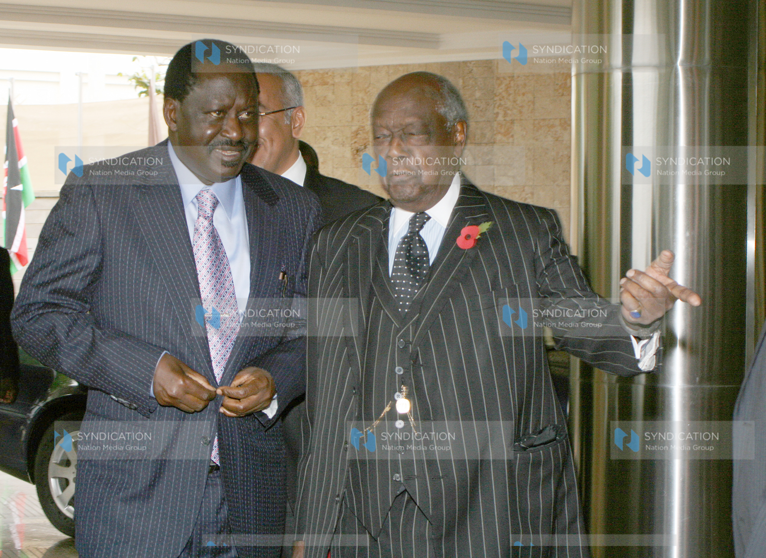 Prime Minister Raila Odinga is welcomed to the Sankara Hotel in Westlands by Chairman Charles Njonjo