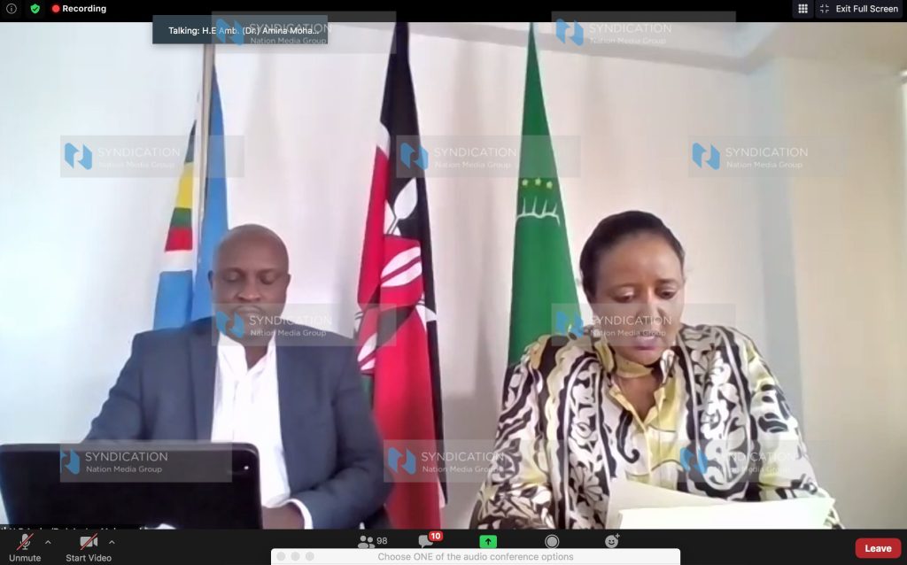 A screen grab of Sports Cabinet Secretary Amina Mohamed with the CS is Sports Principal Secretary Joe Okudo