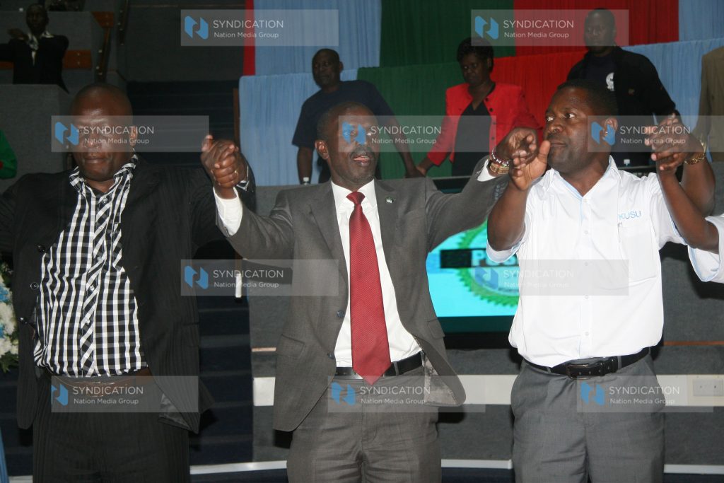 TUC-Ke leaders secretary general Wilson Sossion, flanked by his deputy Charles Mukhwaya
