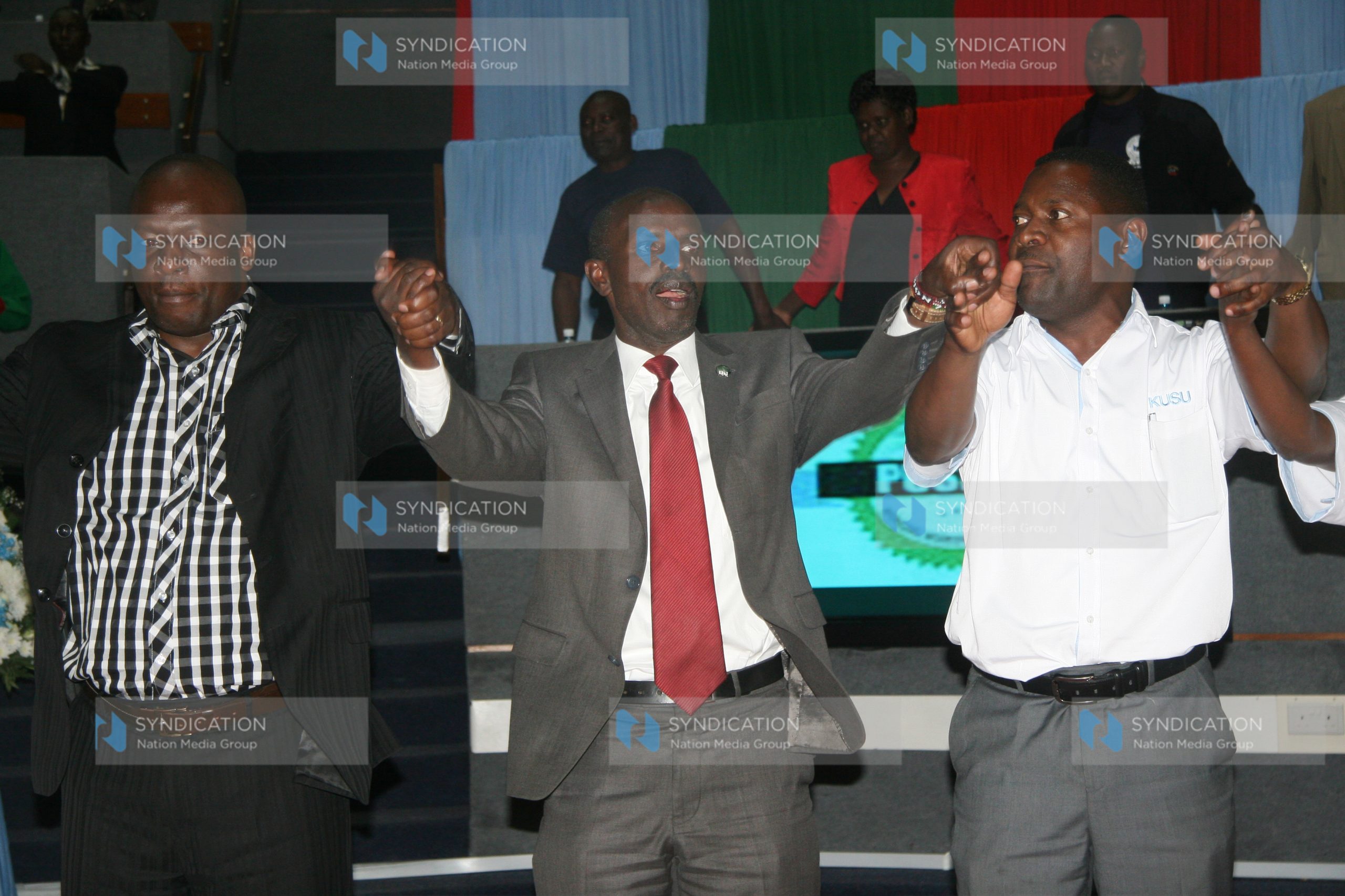 TUC-Ke leaders secretary general Wilson Sossion, flanked by his deputy Charles Mukhwaya