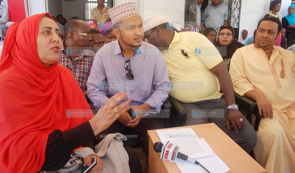 A Jubilee activist from Mombasa Farida Rashid (left) addresses the press