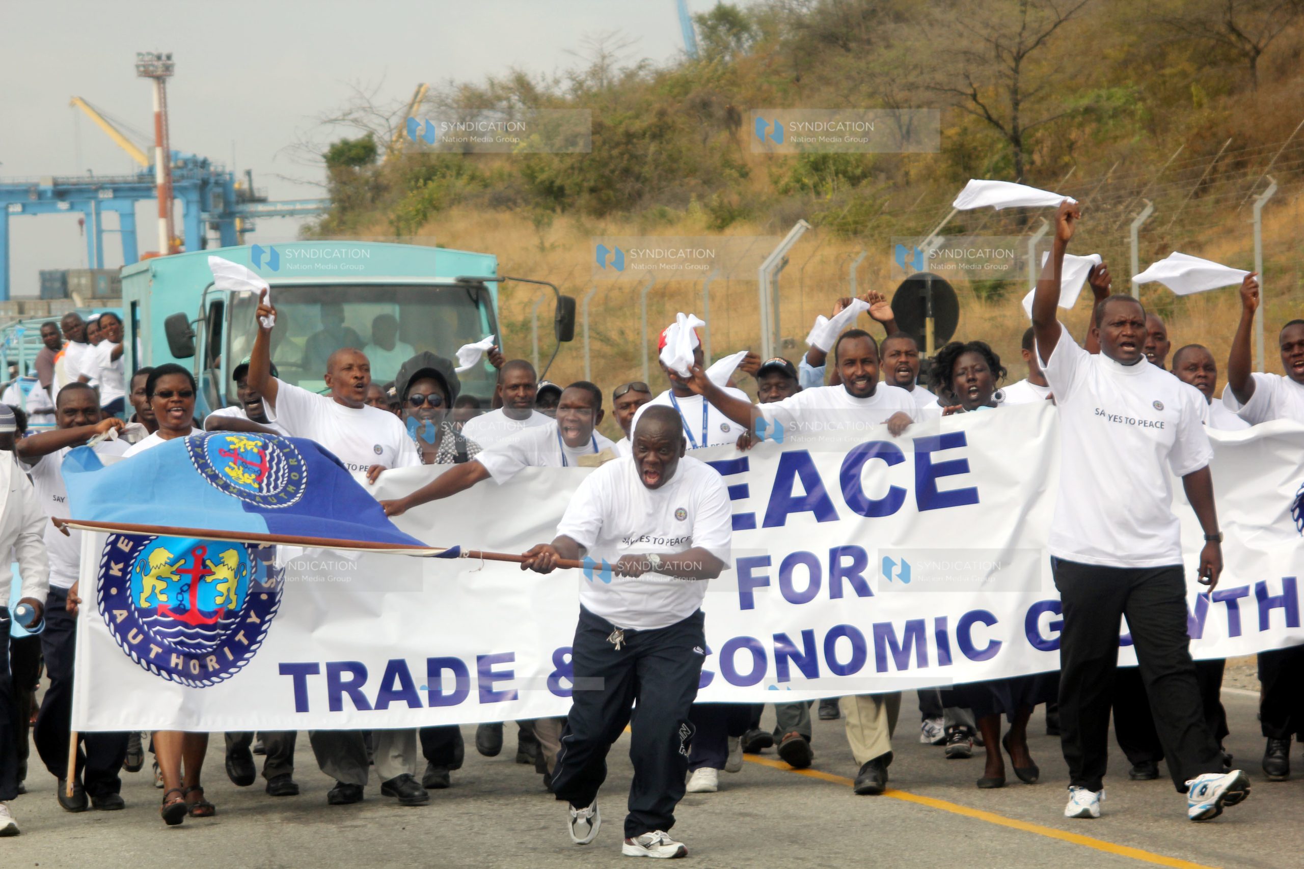 Kenya Ports Authority workers on a caravan of the Peace walk