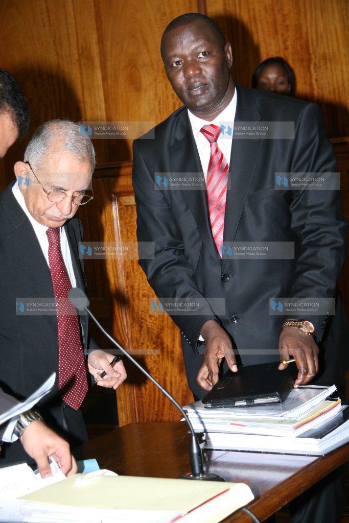 Lawyer Tom Ojienda representing the Law Society of Kenya (right) and lawyer Pheroze Norwjee