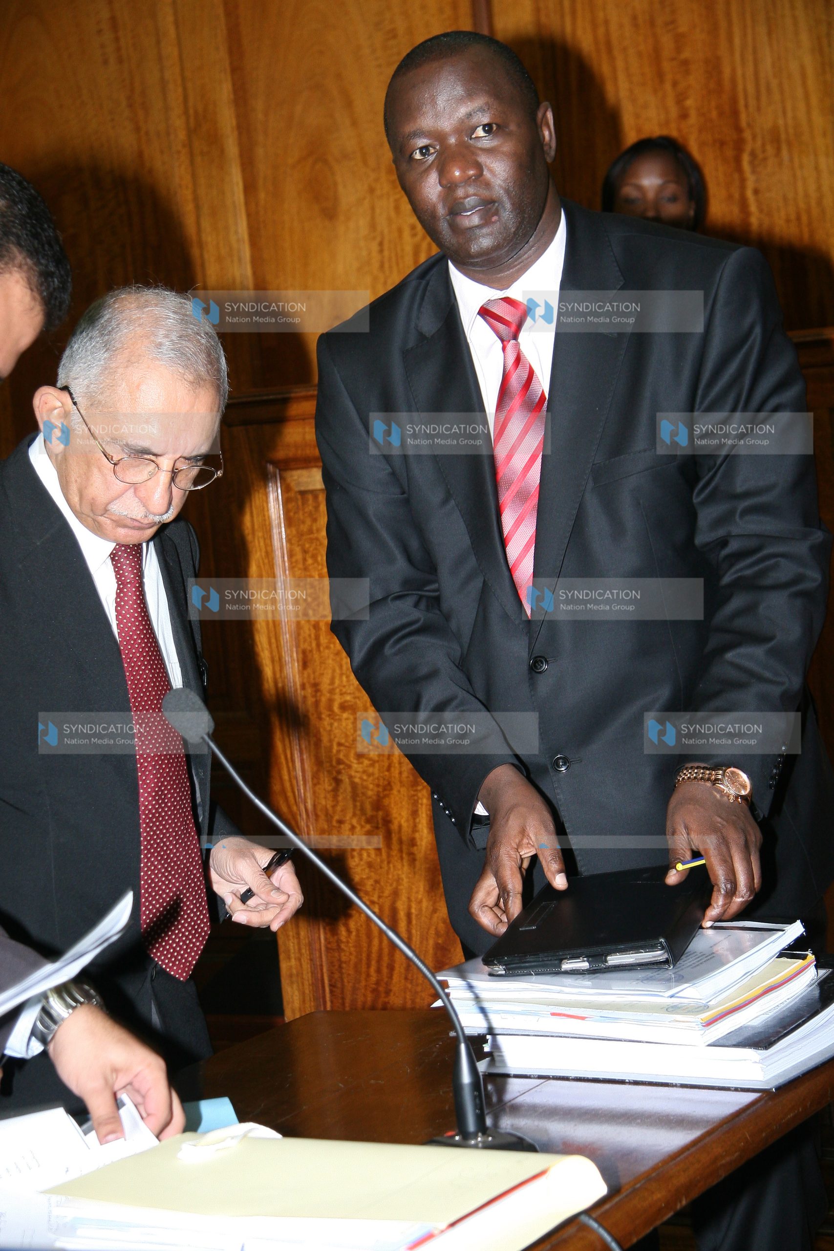 Lawyer Tom Ojienda representing the Law Society of Kenya (right) and lawyer Pheroze Norwjee