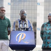 Azimio La Umoja Leader Raila Odinga address the media