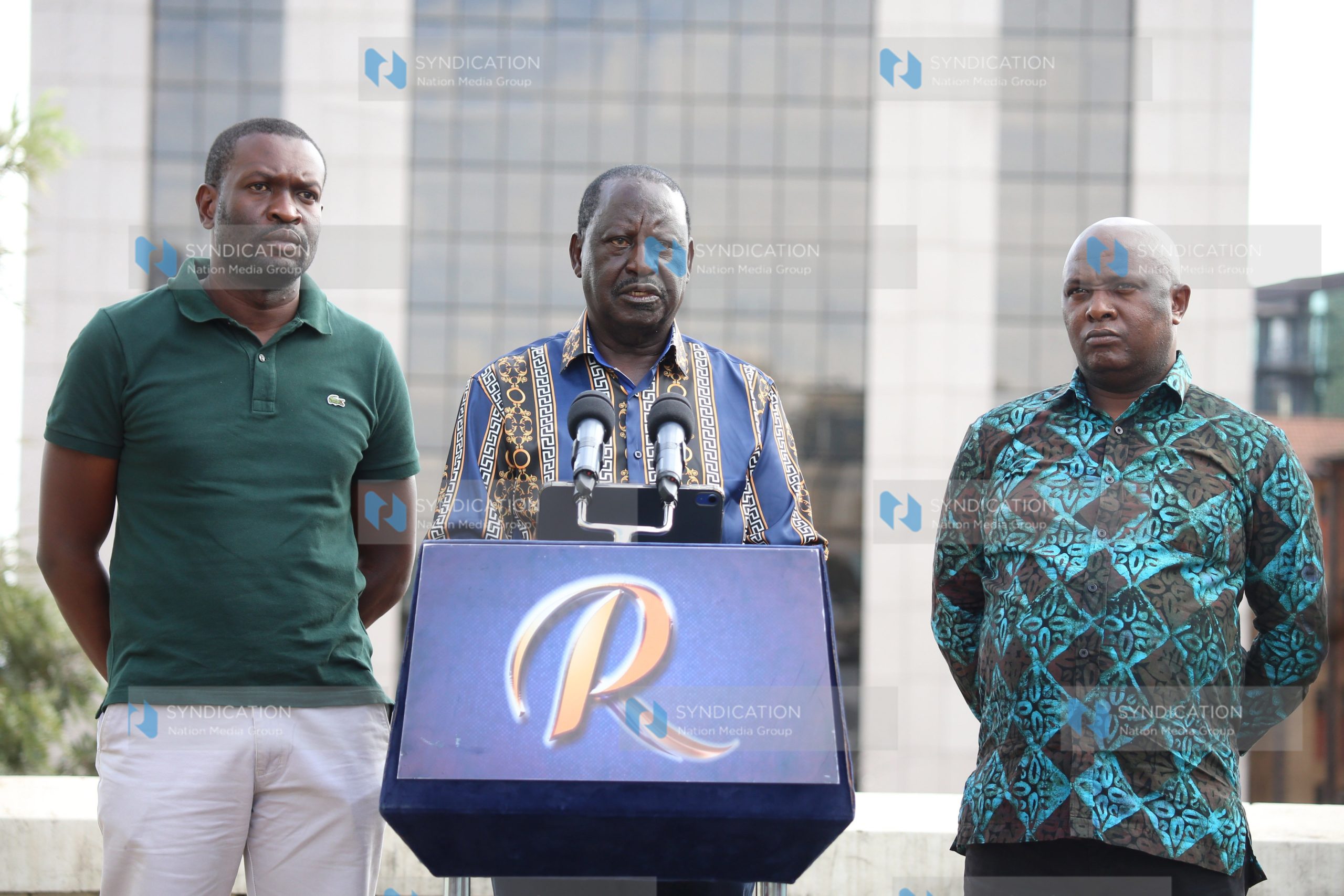 Azimio La Umoja Leader Raila Odinga address the media