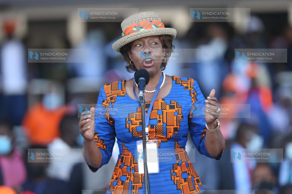 Kitui Governor Charity Ngilu addresses the crowd at the Kasarani Stadium