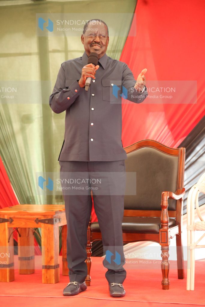 Party leader of Azimio la Umoja, Raila Odinga, addressing the media