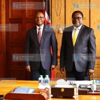 Outgoing Senate Speaker Kenneth Lusaka welcomes incoming speaker Amason Kingi