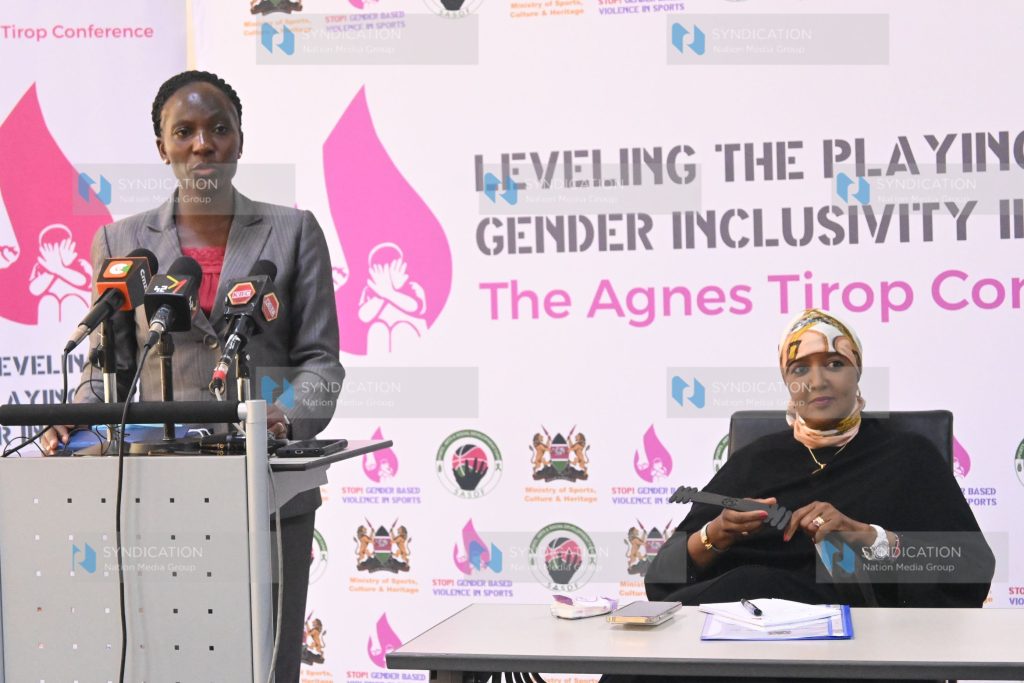 Former world marathon record holder Catherine Ndereba with CS Sports Amina Mohamed