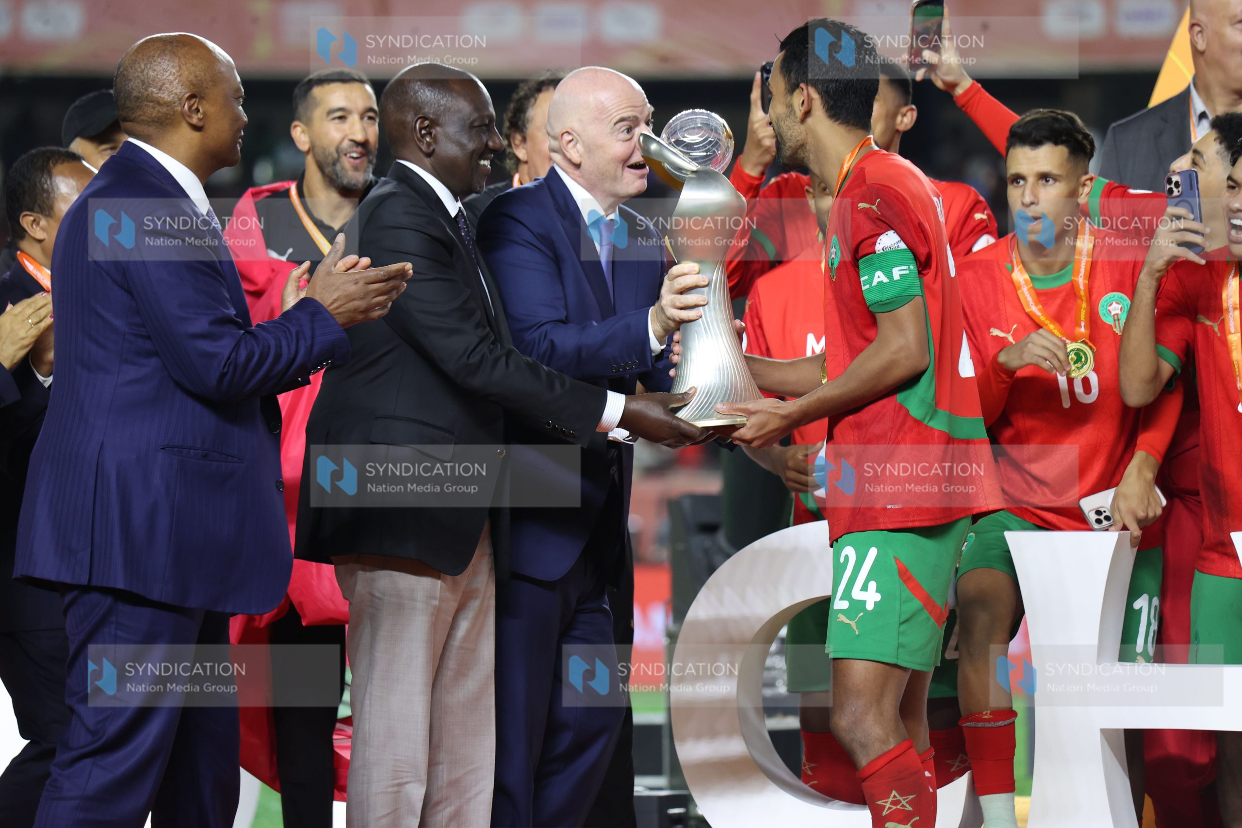 CAF President Patrice Motsepe, Kenyan President William Ruto and FIFA President Gianni Infantino